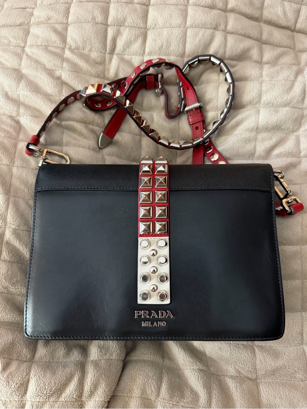 Prada Black Leather Crossbody w/Red Leather Silver-Tone Studded Strap & Accents! - Picture 10 of 15